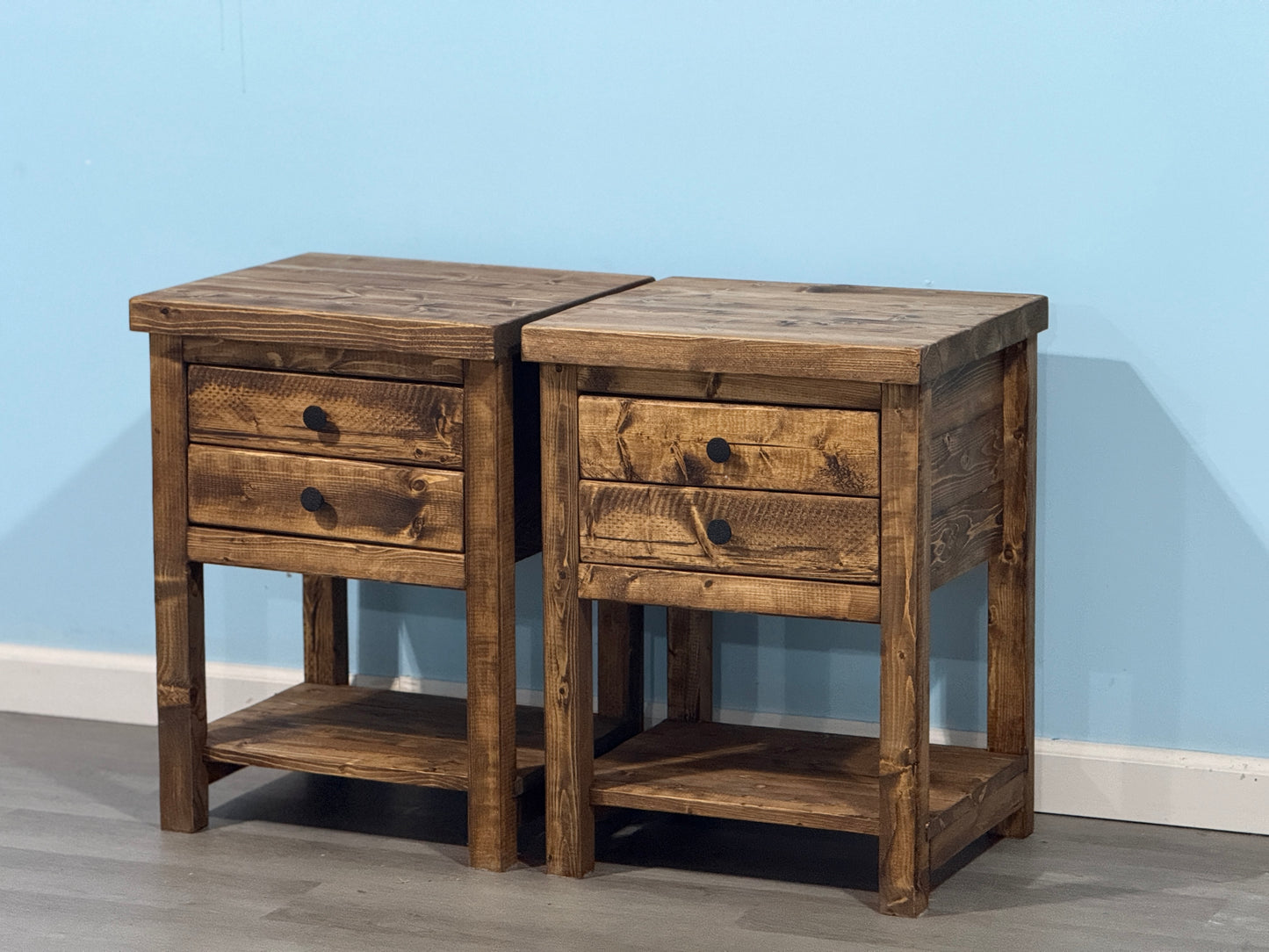 Rustic Solid Wood Sturdy Nightstand With 2 Drawers & Shelf