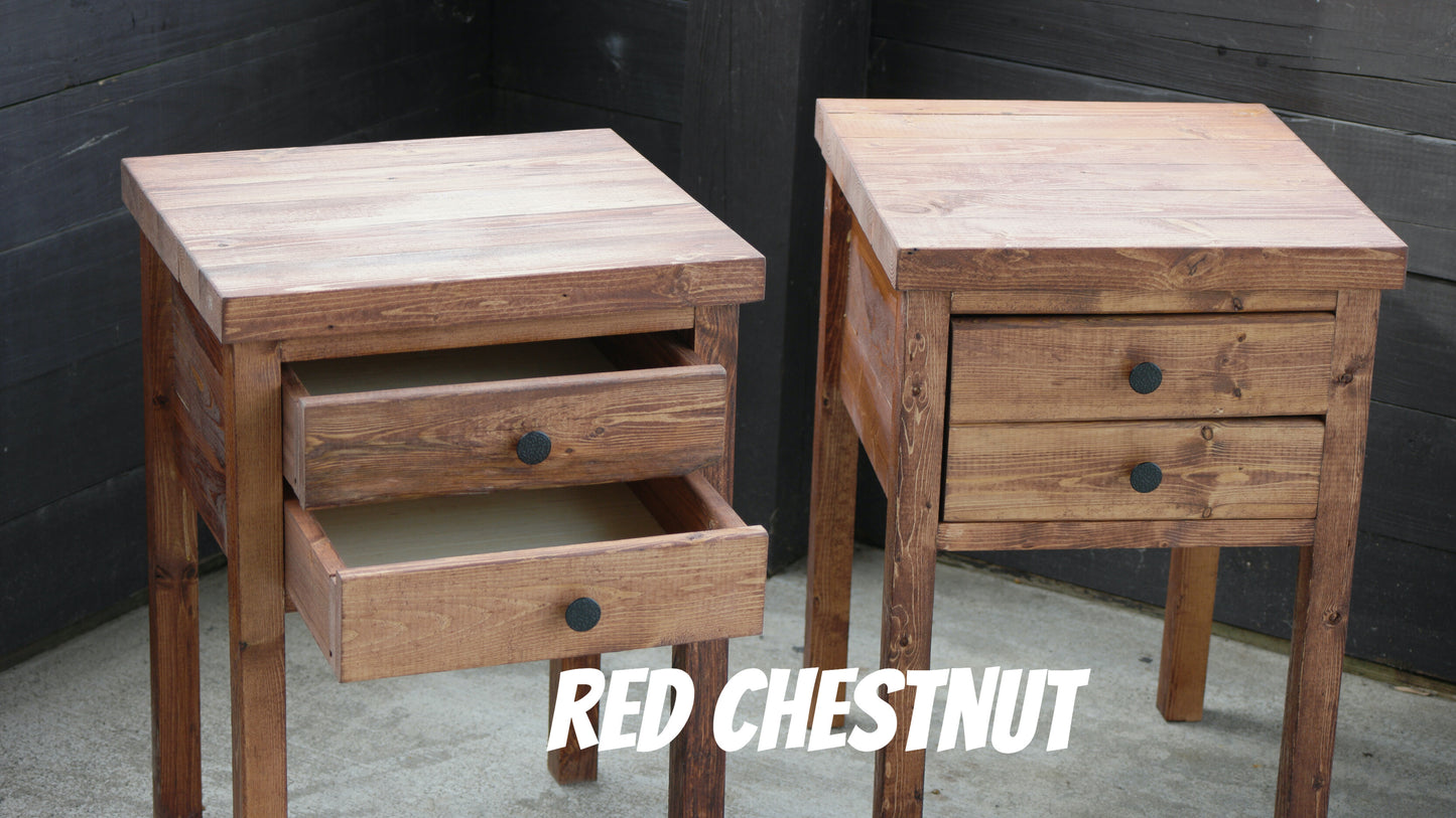 Rustic Solid Wood Sturdy Nightstand With 2 Drawers & Shelf