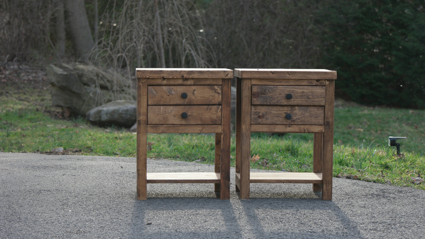 Rustic Solid Wood Sturdy Nightstand With 2 Drawers & Shelf