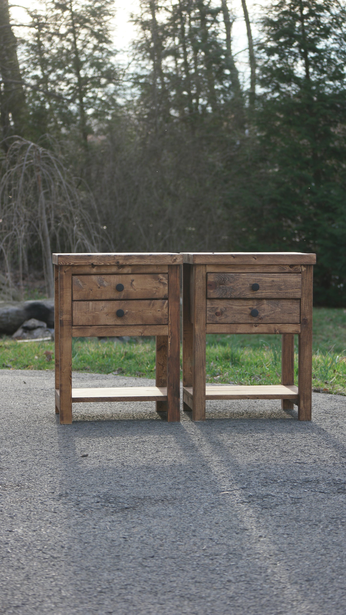 Rustic Solid Wood Sturdy Nightstand With 2 Drawers & Shelf
