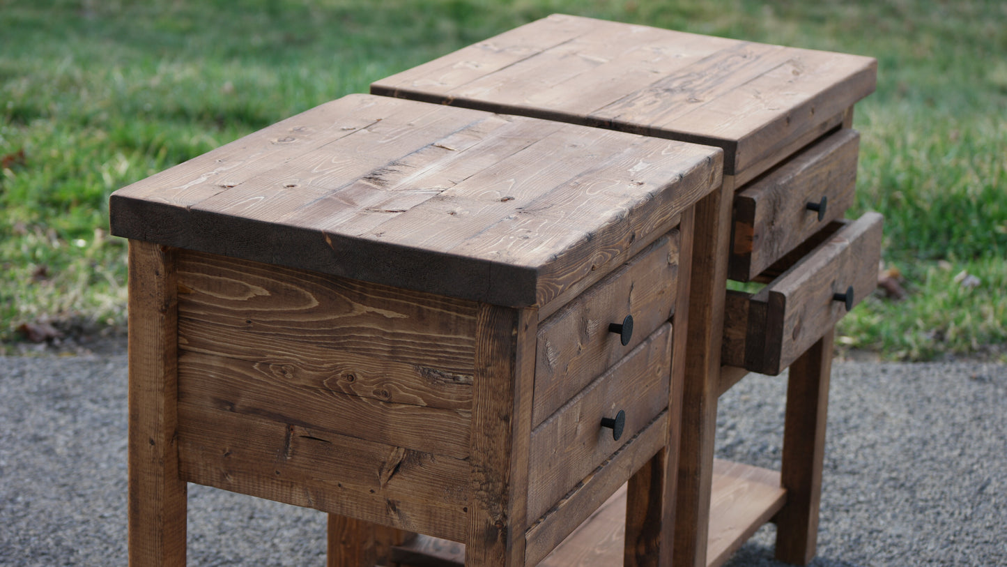 Rustic Solid Wood Sturdy Nightstand With 2 Drawers & Shelf