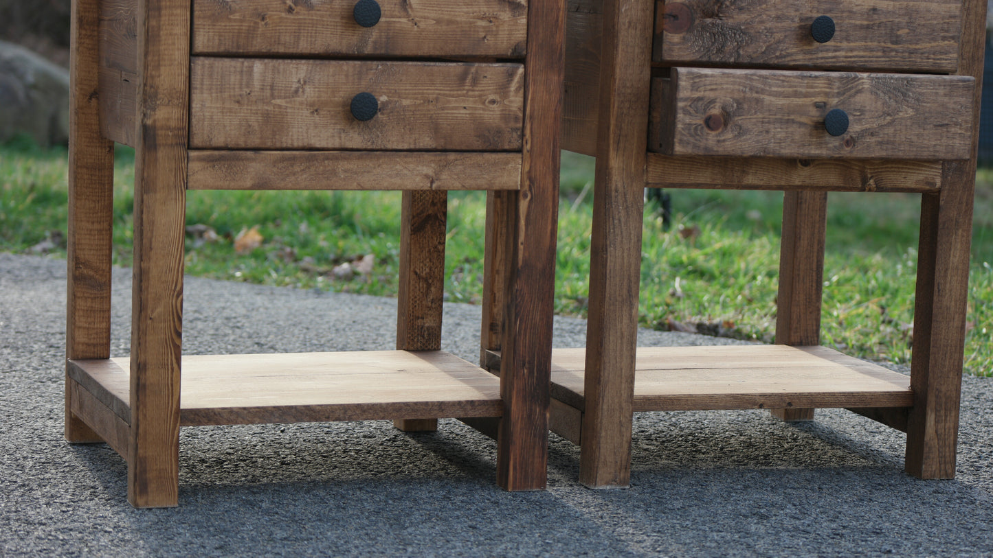 Rustic Solid Wood Sturdy Nightstand With 2 Drawers & Shelf