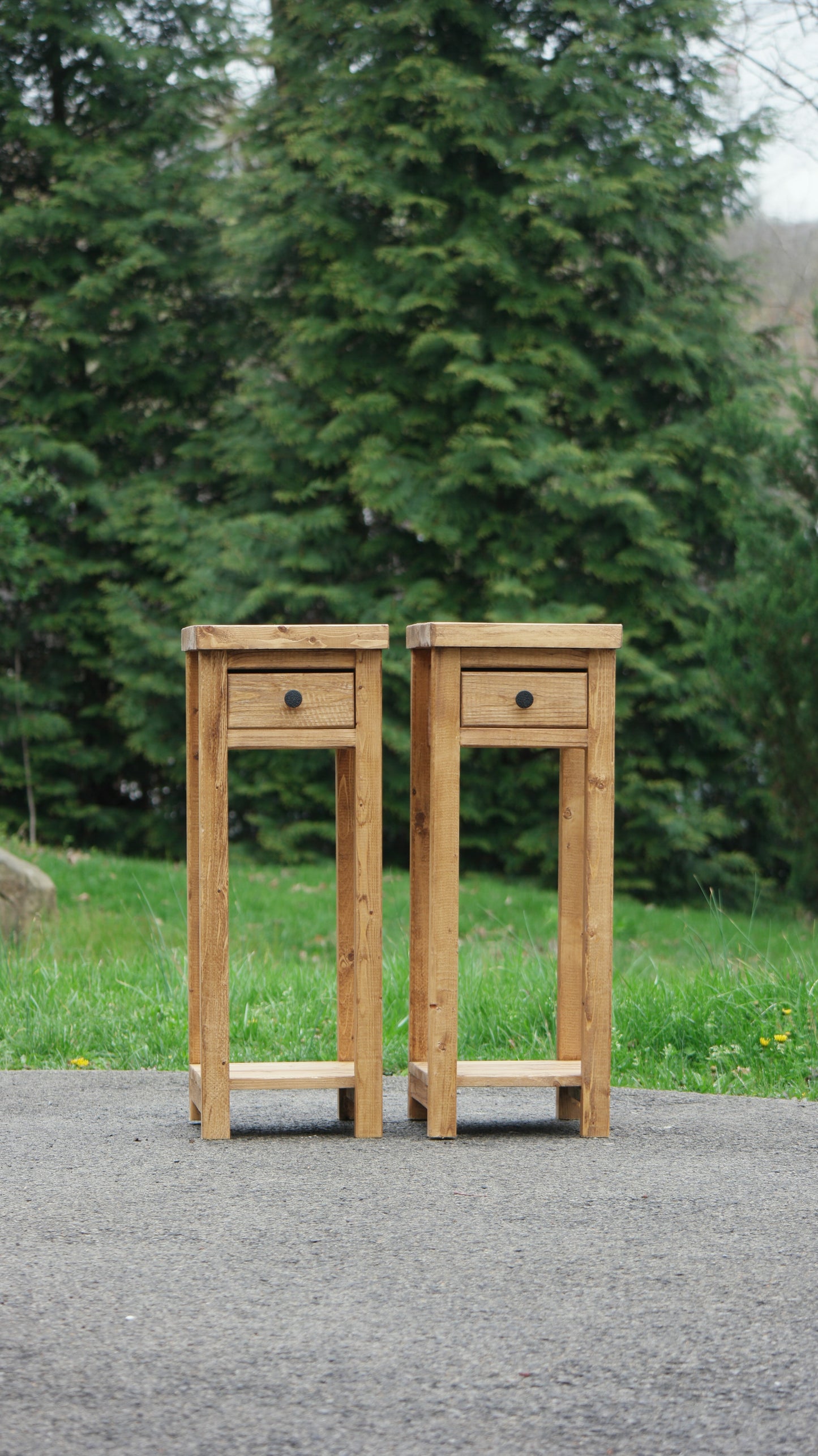 Rustic Solid Wood Narrow Nightstands With Drawer & Shelf