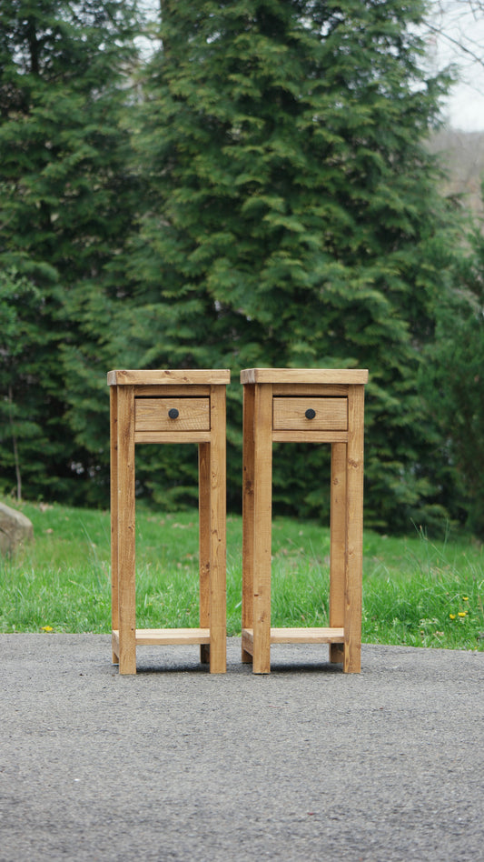 Rustic Solid Wood Narrow Nightstands With Drawer & Shelf