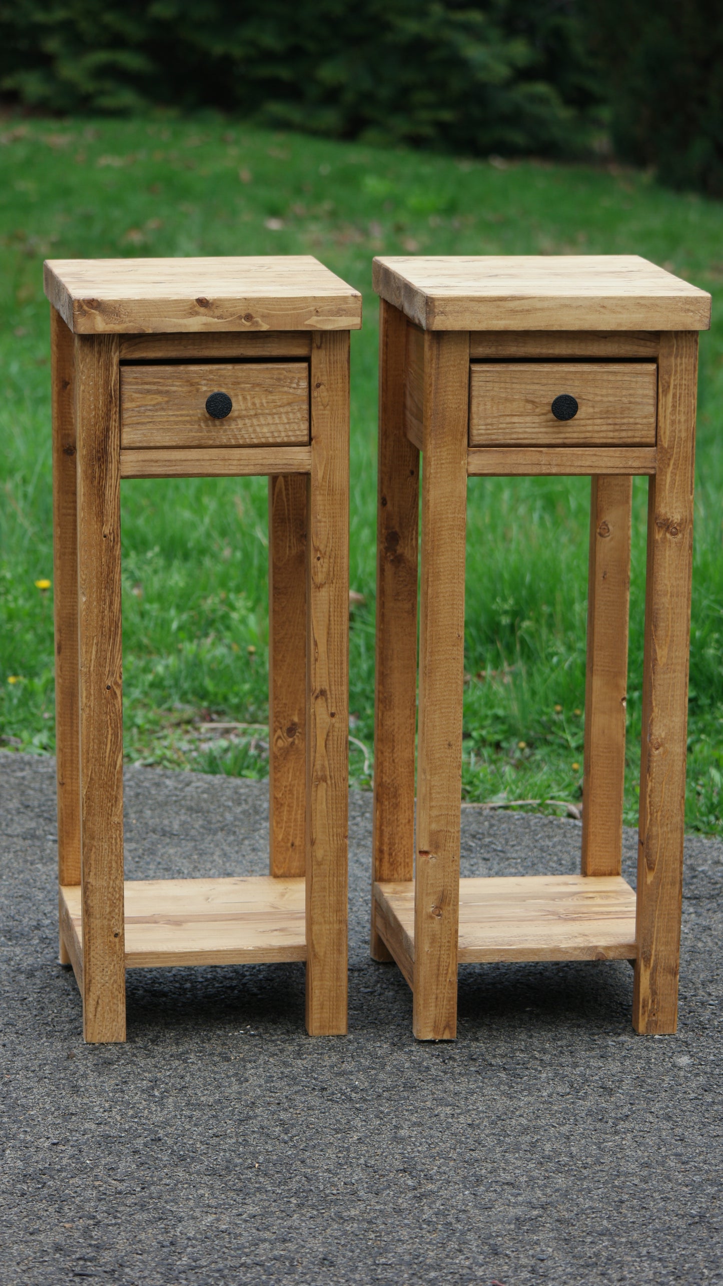 Rustic Solid Wood Narrow Nightstands With Drawer & Shelf