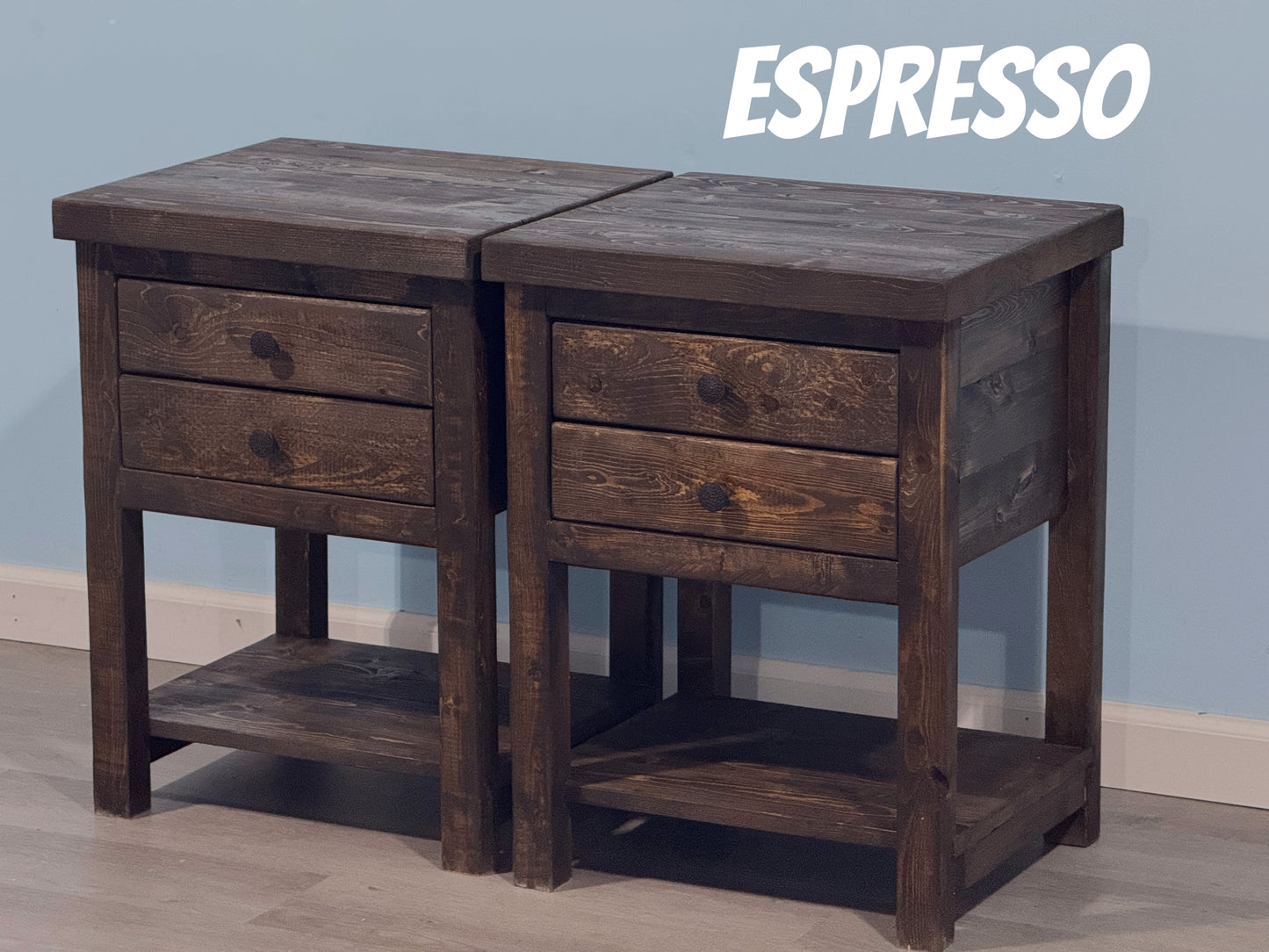 Rustic Solid Wood Sturdy Nightstand With 2 Drawers & Shelf